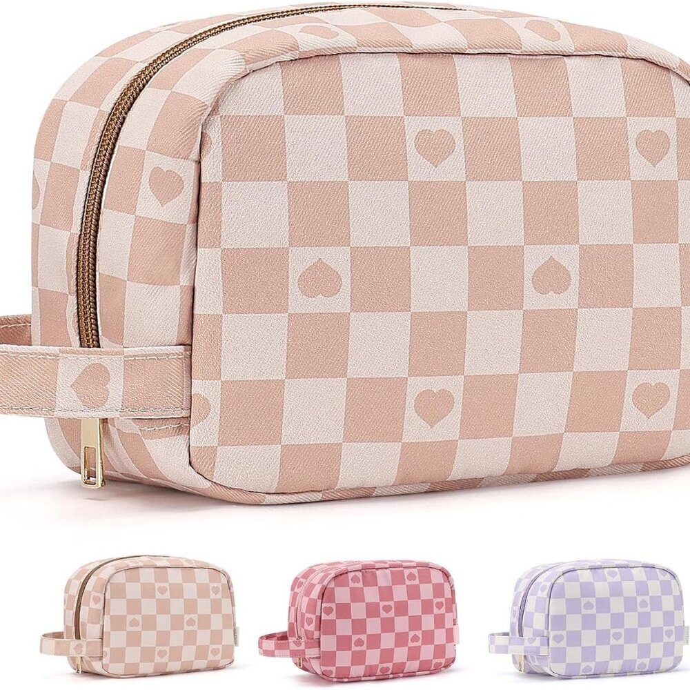Small Personalized Make up Bag With Checkered Makeup Travel Bag Wide-open Pouch